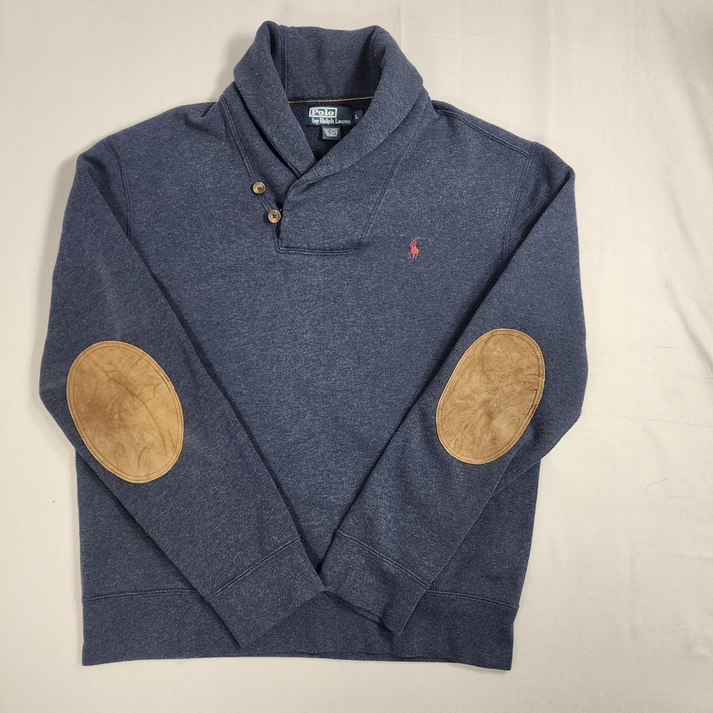 Polo Ralph Lauren Mens Blue Shawl Collar Fleece Pullover Elbow Patches Large